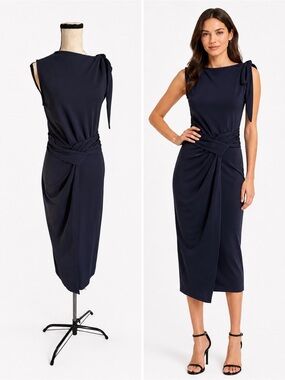 Jasambac Navy Blue Midi Dress Ruched Waist Tie‎ Shoulder Sleeveless Size Small